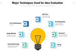 Major Techniques Used For Idea Evaluation Ppt PowerPoint Presentation Gallery Background Image PDF Major Techniques Used For Idea Evaluation Ppt PowerPoint Presentation Gallery Background Image PDF