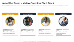 Meet The Team Video Creation Pitch Deck Ppt Layouts Example Introduction PDF
