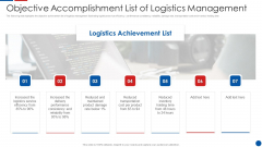 Objective Accomplishment List Of Logistics Management Ppt PowerPoint Presentation File Background Image PDF Objective Accomplishment List Of Logistics Management Ppt PowerPoint Presentation File Background Image PDF
