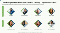 Our Management Team And Advisors Equity Capital Pitch Deck Ppt Professional Graphics Example PDF