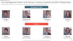Our Management Team And Advisors Venture Capital Fund Pitch Presentation Topics PDF