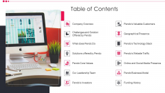 Pendo Venture Capital Financing Pitch Deck Table Of Contents Brochure PDF Pendo Venture Capital Financing Pitch Deck Table Of Contents Brochure PDF