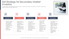 Pitch Deck For Fundraising From Post Market Financing Exit Strategy For Secondary Market Investors Icons PDF Pitch Deck For Fundraising From Post Market Financing Exit Strategy For Secondary Market Investors Icons PDF