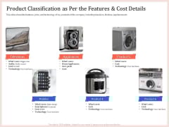 Pitch Deck To Raise Capital From Product Pooled Funding Product Classification As Per The Features And Cost Details Infographics PDF Pitch Deck To Raise Capital From Product Pooled Funding Product Classification As Per The Features And Cost Details Infographics PDF