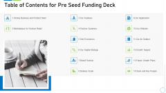 Pre Seed Funding Deck Table Of Contents For Pre Seed Funding Deck Pictures PDF Pre Seed Funding Deck Table Of Contents For Pre Seed Funding Deck Pictures PDF