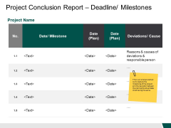 Project Conclusion Report Deadline Milestones Milestone Ppt PowerPoint Presentation Outline Ideas Project Conclusion Report Deadline Milestones Milestone Ppt PowerPoint Presentation Outline Ideas