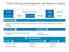 Project Planning And Management With Milestone Schedule Ppt PowerPoint Presentation Infographic Template Graphics Pictures PDF