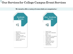 Promoting University Event Our Services For College Campus Event Services Ppt Layouts Brochure PDF Promoting University Event Our Services For College Campus Event Services Ppt Layouts Brochure PDF