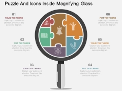Puzzle And Icons Inside Magnifying Glass Powerpoint Template