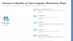 Retirement Insurance Benefit Plan Features And Benefits Of Our Companys Retirement Plans Infographics PDF Retirement Insurance Benefit Plan Features And Benefits Of Our Companys Retirement Plans Infographics PDF