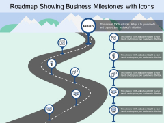 Roadmap Showing Business Milestones With Icons Ppt PowerPoint Presentation Inspiration Clipart Images