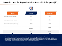 Selection And Package Costs For Sports Club Proposal Ppt PowerPoint Presentation Show Microsoft PDF