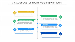 Six Agendas For Board Meeting With Icons Ppt PowerPoint Presentation Gallery Deck PDF