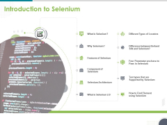 Software Testing Framework For Learners Introduction To Selenium Ppt PowerPoint Presentation File Graphics Example PDF Software Testing Framework For Learners Introduction To Selenium Ppt PowerPoint Presentation File Graphics Example PDF