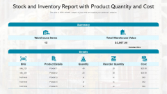 Stock And Inventory Report With Product Quantity And Cost Ppt PowerPoint Presentation File Summary PDF