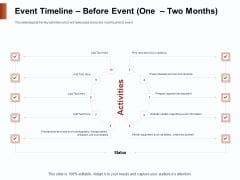 Strategies For Organizing Events Event Timeline Before Event One Two Months Ppt Portfolio Slide Portrait PDF Strategies For Organizing Events Event Timeline Before Event One Two Months Ppt Portfolio Slide Portrait PDF