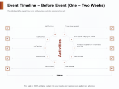 Strategies For Organizing Events Event Timeline Before Event One Two Weeks Ppt Icon Grid PDF Strategies For Organizing Events Event Timeline Before Event One Two Weeks Ppt Icon Grid PDF
