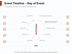 Strategies For Organizing Events Event Timeline Day Of Event Ppt Inspiration Outline PDF Strategies For Organizing Events Event Timeline Day Of Event Ppt Inspiration Outline PDF