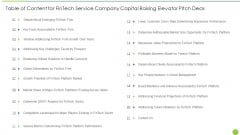 Table Of Content For Fintech Service Company Capital Raising Elevator Pitch Deck Ideas PDF
