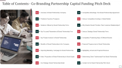 Table Of Contents Co Branding Partnership Capital Funding Pitch Deck Sample PDF Table Of Contents Co Branding Partnership Capital Funding Pitch Deck Sample PDF