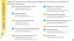 Table Of Contents For Assuring Management In Product Innovation To Enhance Processes Information PDF Table Of Contents For Assuring Management In Product Innovation To Enhance Processes Information PDF
