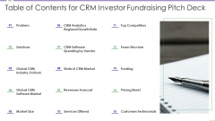Table Of Contents For CRM Investor Fundraising Pitch Deck Formats PDF Table Of Contents For CRM Investor Fundraising Pitch Deck Formats PDF