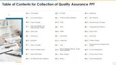 Table Of Contents For Collection Of Quality Assurance PPT Diagram Graphics PDF Table Of Contents For Collection Of Quality Assurance PPT Diagram Graphics PDF