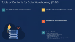 Table Of Contents For Data Warehousing IT Plan Ppt Gallery Shapes PDF Table Of Contents For Data Warehousing IT Plan Ppt Gallery Shapes PDF