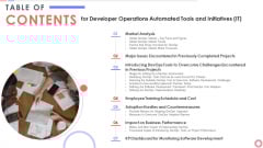 Table Of Contents For Developer Operations Automated Tools And Initiatives IT Infographics PDF Table Of Contents For Developer Operations Automated Tools And Initiatives IT Infographics PDF