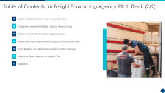 Table Of Contents For Freight Forwarding Agency Pitch Deck Ppt Ideas Graphics Example PDF