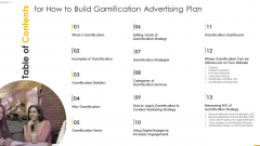 Table Of Contents For How To Build Gamification Advertising Plan Ppt Infographics Information PDF Table Of Contents For How To Build Gamification Advertising Plan Ppt Infographics Information PDF