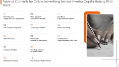 Table Of Contents For Online Advertising Service Investor Capital Raising Pitch Deck Sample PDF Table Of Contents For Online Advertising Service Investor Capital Raising Pitch Deck Sample PDF