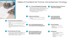 Table Of Contents For Partner Advertisement Strategy Ppt Summary Background Image PDF