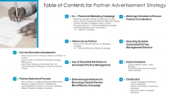 Table Of Contents For Partner Advertisement Strategy Ppt Summary Background Image PDF Table Of Contents For Partner Advertisement Strategy Ppt Summary Background Image PDF