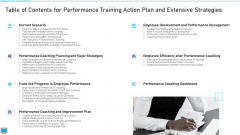 Table Of Contents For Performance Training Action Plan And Extensive Strategies Designs PDF