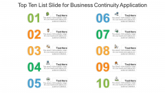 Top Ten List Slide For Business Continuity Application Ppt PowerPoint Presentation Outline Example Introduction PDF