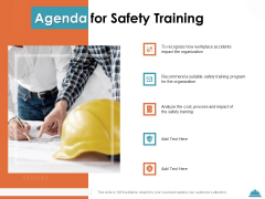 Train Employees Health Safety Agenda For Safety Training Ppt Pictures Grid PDF