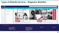 Website Programming IT Types Of Website Services Magazine Websites Ppt PowerPoint Presentation File Graphics Example PDF