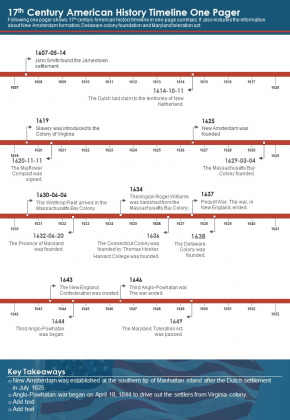 17Th Century American History Timeline One Pager PDF Document PPT Template