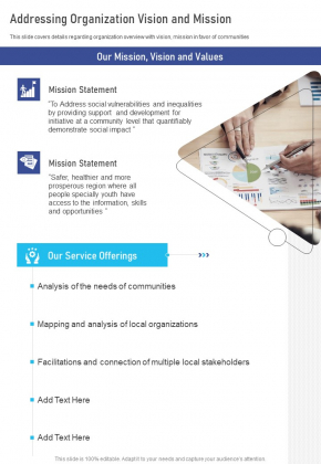 Addressing Organization Vision And Mission One Pager Documents