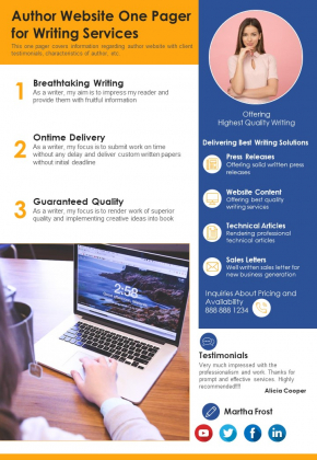Author Website One Pager For Writing Services PDF Document PPT Template Author Website One Pager For Writing Services PDF Document PPT Template