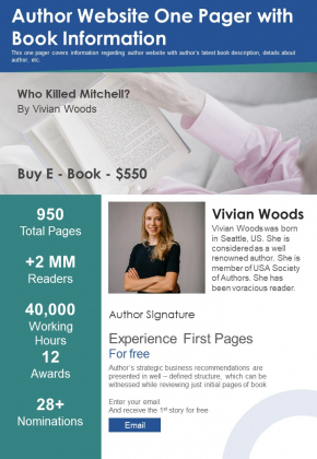 Author Website One Pager With Book Information PDF Document PPT Template