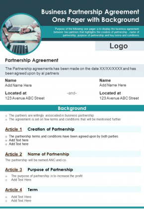 Business Partnership Agreement One Pager With Background PDF Document PPT Template