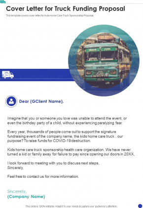 Child House Care Truck Funding Cover Letter For Truck Funding One Pager Sample Example Document