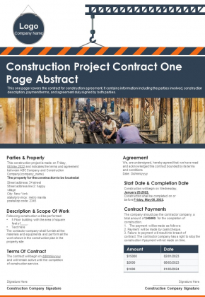 Construction Project Contract One Page Abstract PDF Document PPT Template