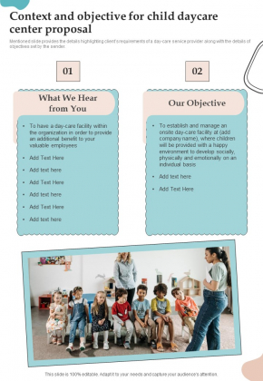 Context And Objective For Child Daycare Center Proposal One Pager Sample Example Document
