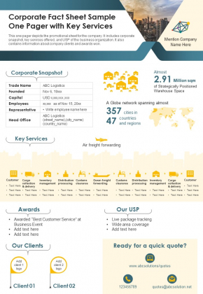 Corporate Fact Sheet Sample One Pager With Key Services PDF Document PPT Template Corporate Fact Sheet Sample One Pager With Key Services PDF Document PPT Template