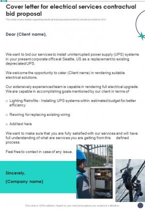 Cover Letter For Electrical Services Contractual Bid Proposal One Pager Sample Example Document