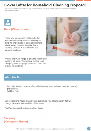 Cover Letter For Household Cleaning Proposal One Pager Sample Example Document
