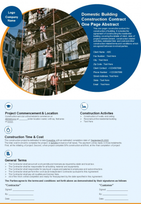 Domestic Building Construction Contract One Page Abstract PDF Document PPT Template
